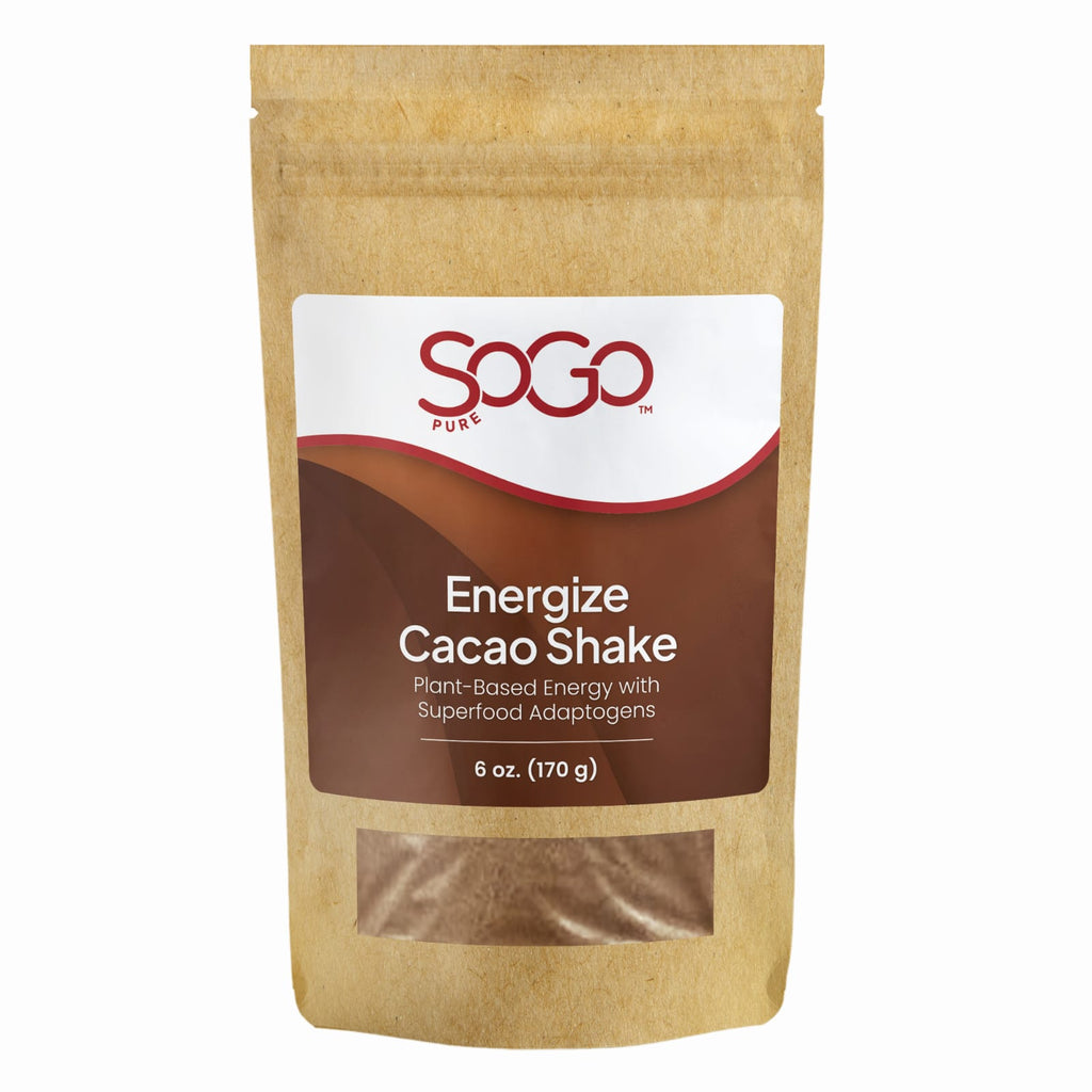SOGO Pure Energize Cacao Shake Powder for natural plant-based energy. Made with cacao, maca, guarana, cordycep mushrooms, catuaba, pea protein, date sugar, and stevia