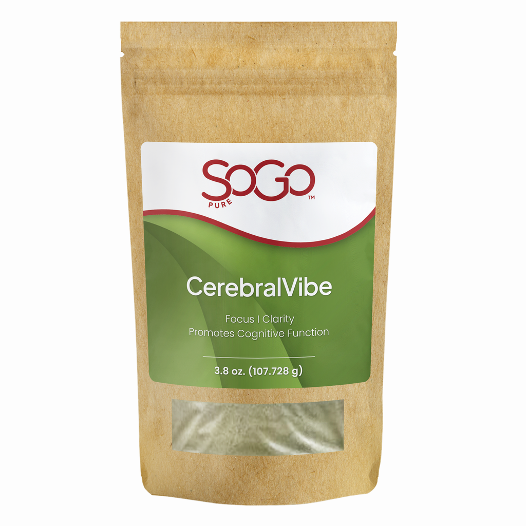 SoGo Pure CerebralVibe package reads: Focus|Clarity Promotes Cognitive Function, 3.8 oz. (107.728g)