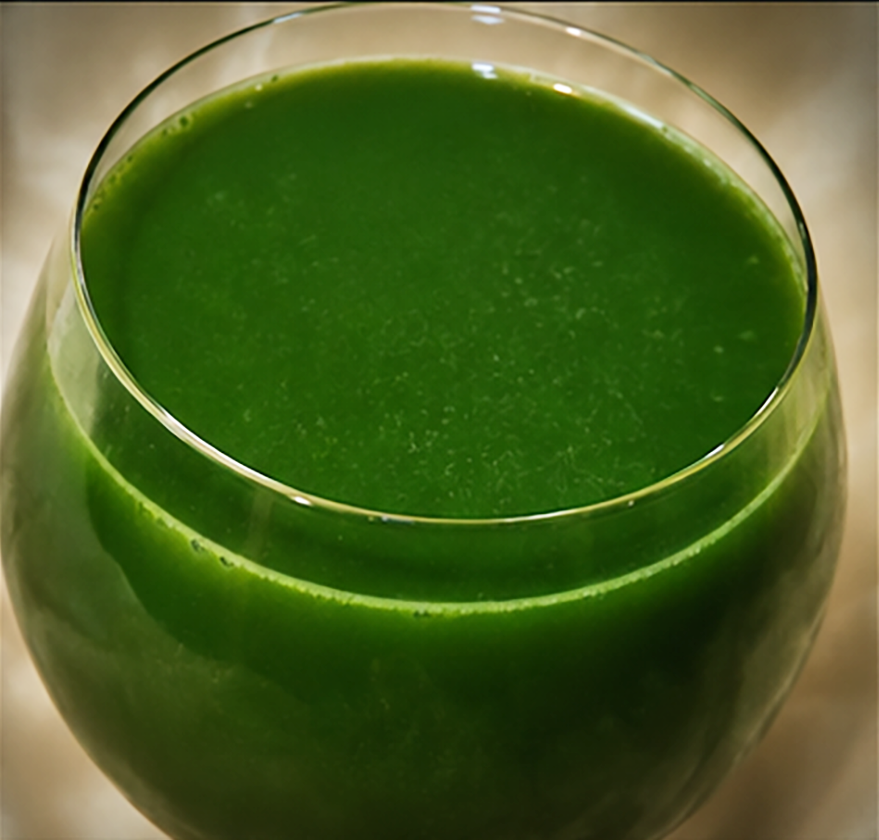 Dandelight Juice, a green juice in a glass