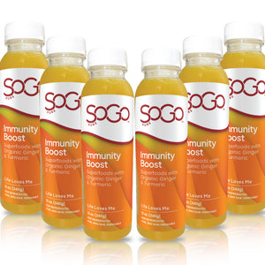 six- 12 oz bottles of SoGo Immunity Boost Juice arranged in a row, Superfoods with organic ginger and turmeric