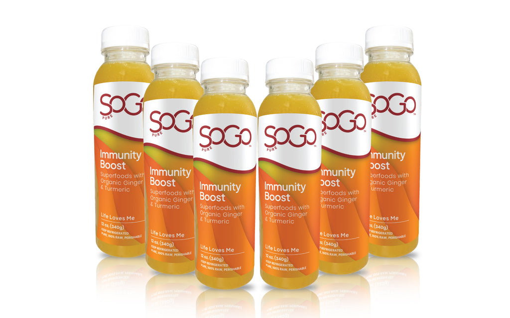 six- 12 oz bottles of SoGo Immunity Boost Juice arranged in a row, citurs juices with organic ginger and turmeric and superfoods