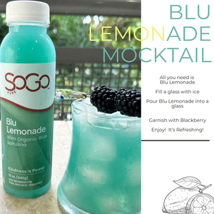Sogo Pure Blu Lemonade bottle and glass with lemonade and blackberry on a recipe card labeled Blu Lemonade Mocktail
