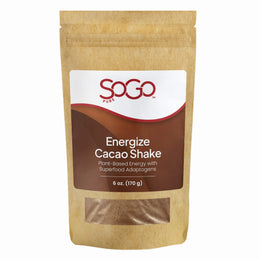 SOGO Pure Energize Cacao Shake Powder for natural plant-based energy. Made with cacao, maca, guarana, cordycep mushrooms, catuaba, pea protein, date sugar, and stevia