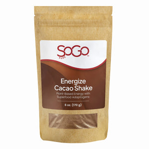 SOGO Pure Energize Cacao Shake Powder for natural plant-based energy. Made with cacao, maca, guarana, cordycep mushrooms, catuaba, pea protein, date sugar, and stevia