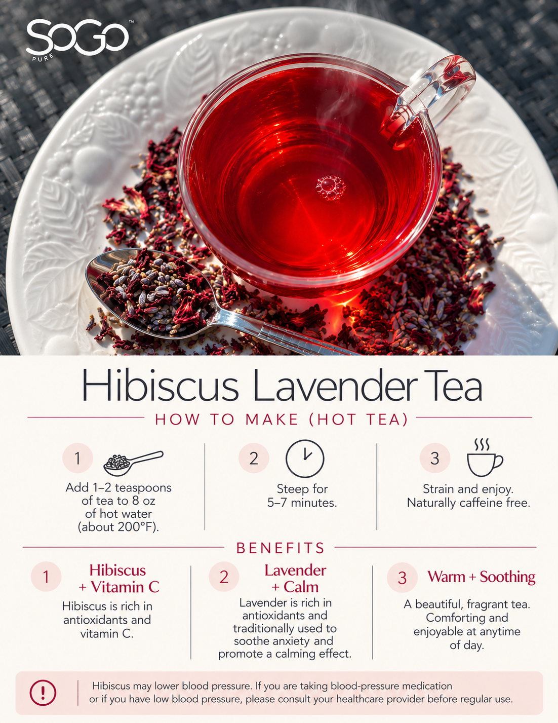 A cut of hot tea and directions on how to brew the tea