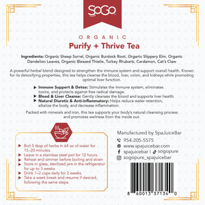 Purify + Thrive Tea A powerful herbal blend designed to strengthen the immune system and support overall health. Known for its detoxifying properties, this tea helps cleanse the blood, liver, colon, and kidneys while promoting optimal liver function.
Immune Support & Detox – Stimulates the immune system, eliminates toxins, and protects against free radical damage.
Blood & Liver Cleanse – Gently cleanses the blood and supports liver health.
Natural Diuretic & Anti-inflammatory – Helps reduce water retention,