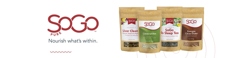 SOGO Pure banner: "Nourish what's within". On the banner are Liver Cleanse, CerebralVibe, SoGo to Sleep Tea, and Energize Cacao Shake Powder.  They are the brand's products. 