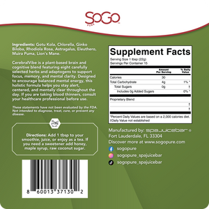 SOGO Pure CerebralVibe superfood back label. On the back is the supplement facts, an ingredient list, directions on how to use.  Manufactured by SpaJuiceBar is written. The label is green 