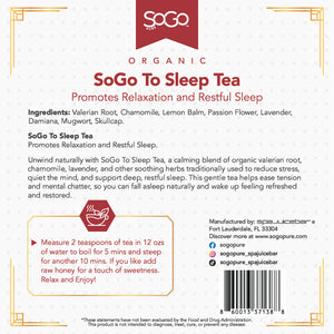 SoGo To Sleep Ingredients: Valerian Root, Chamomile, Lemon Balm, Passion Flower, Lavender, Damiana, Mugwort, Skullcap.