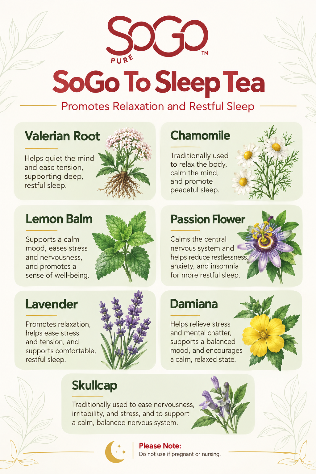 SoGo To Sleep Tea infographic listing the ingredients in the tea and there nurturing properties