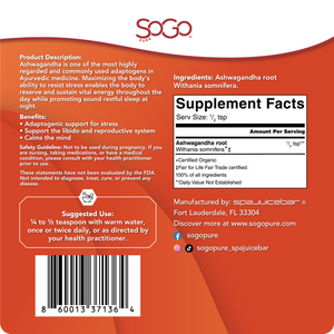 SOGO supplement package with product description, Pure Organic Ashwagandha is one of the most highly regarded and commonly used adaptogens in Ayurvedic medicine.  Manufactured by SpaJuiceBar