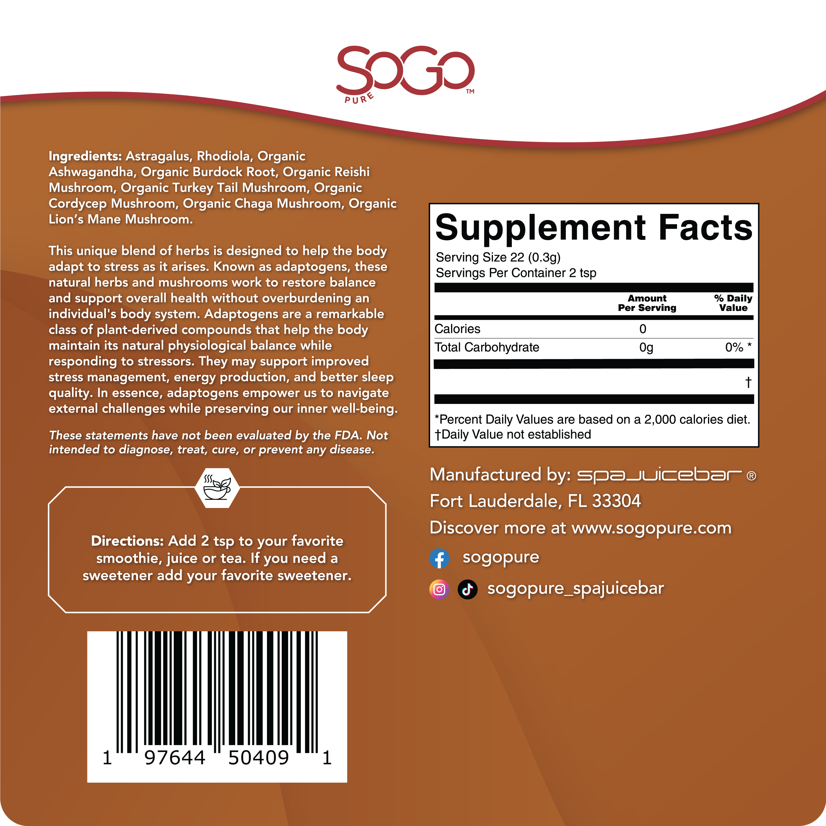 SoGo Pure Unstress Me is a unique blend of herbs designed to help the body adapt to stress as it arises.  Known as adaptogens, these natural herbs and mushrooms work to restore balance and support overall health.  Manufactured by SpaJuiceBar