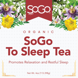 Organic SoGo To Sleep front label 4oz (113.398g) with flowers and white labels.  Promotes Relaxation and Restful Sleep