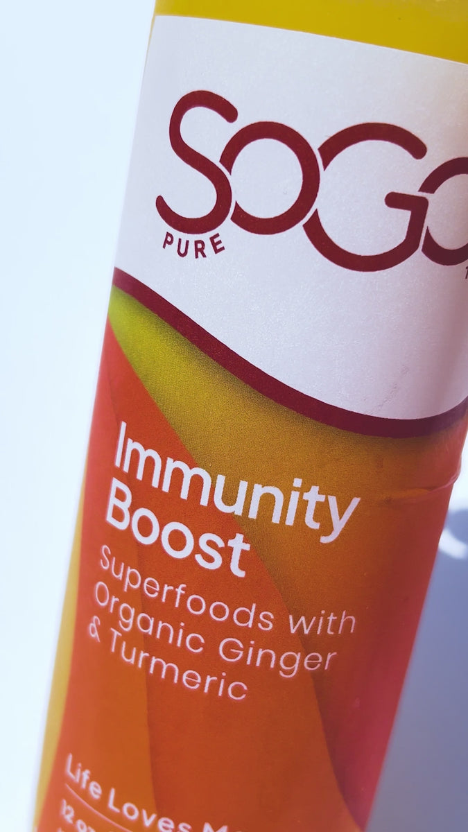 SoGo Pure Immunity Boost juice used to make a ginger turmeric margarita mocktail
