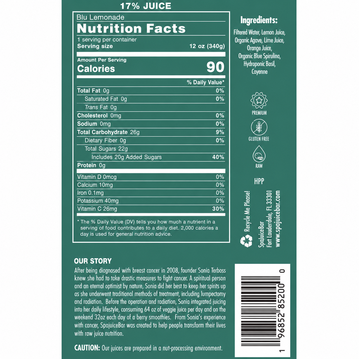 SoGo Pure Blu Lemonade Nutrition facts label on a green background