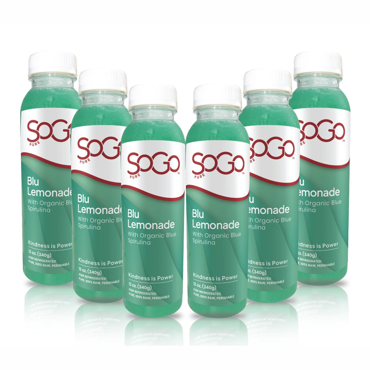 Six bottles of SoGo Pure Blu  Lemonade. The label reads Blu Lemonade with organic blue spirulina.  There is an affirmation on the bottle: Kindness is Power.  A 12 oz size bottle. The top of the label is the brand logo, SoGo Pure; the rest of the label matches the juice color, blue, teal green.