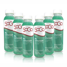 Six bottles of SoGo Pure Blu  Lemonade. The label reads Blu Lemonade with organic blue spirulina.  There is an affirmation on the bottle: Kindness is Power.  A 12 oz size bottle. The top of the label is the brand logo, SoGo Pure; the rest of the label matches the juice color, blue, teal green.
