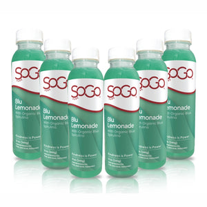 Six bottles of SoGo Pure Blu  Lemonade. The label reads Blu Lemonade with organic blue spirulina.  There is an affirmation on the bottle: Kindness is Power.  A 12 oz size bottle. The top of the label is the brand logo, SoGo Pure; the rest of the label matches the juice color, blue, teal green.